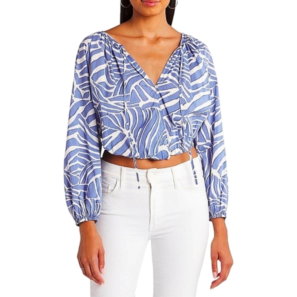 Rails Katia Crop Top Island Waves Blue White Long Sleeve V-Neck Coastal Cotton L